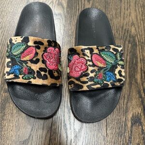 Leopard Print Slides with Floral Embroidery